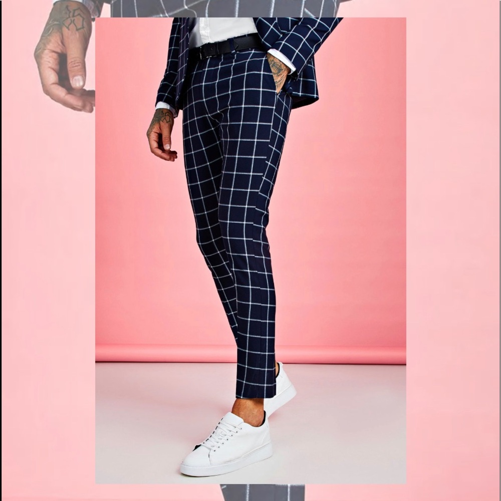 BOOHOO SKINNY LARGE SCALE WINDOWPANE CHECK SUIT PANTS Size 32R